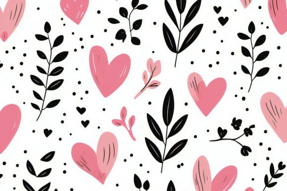 A Pattern of Pink Hearts and Black Leaves: A Versatile Design Element for Creative Projects