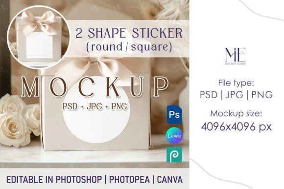 Round or Square Sticker Mockup, Gift Box