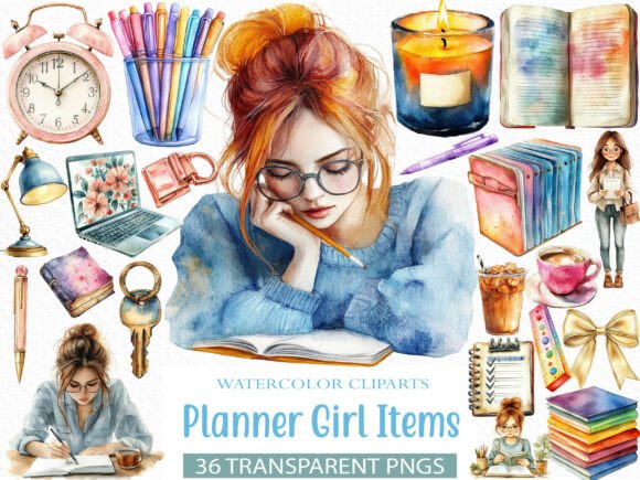 Watercolor Planner Girl Items Clipart – 36 High-Resolution PNG Files for Creative Inspiration